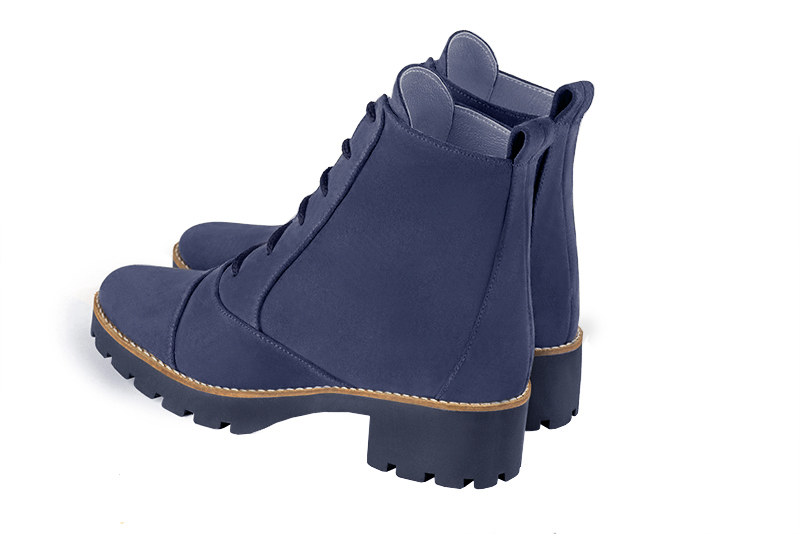 Prussian blue women's ankle boots with laces at the front. Round toe. Low rubber soles. Rear view - Florence KOOIJMAN